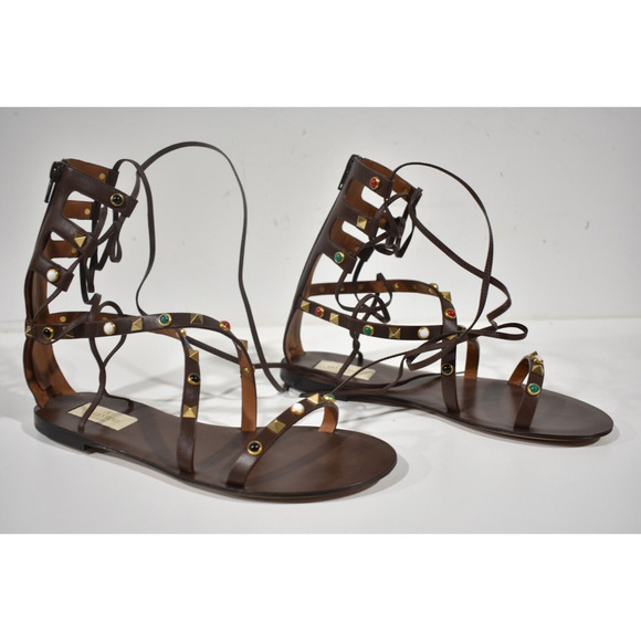 Valentino Rockstud Brown Beaded Strap Gladiator Lace Up Tie Ankle Flat Sandal 38 - Picture 5 of 12